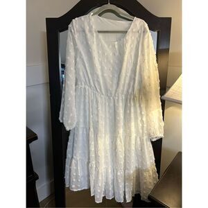 NEW White Swiss Dot Chiffon Dress Long Sleeve Flowy Midi 2X